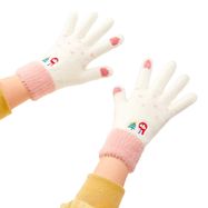 Women's winter telephone gloves with a snowman and a Christmas tree - white and pink, Hurtel