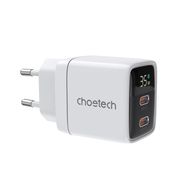 Choetech PD6051 2x USB-C PD 35W GaN wall charger with display - white, Choetech