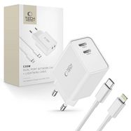 Tech-Protect C35W 2x USB-C PD 35W Wall Charger with USB-C / Lightning Cable - White, Tech-Protect