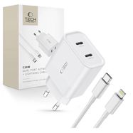 Tech-Protect C20W 2x USB-C PD 20W Wall Charger with Lightning / USB-C Cable - White, Tech-Protect