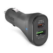 SBS TECRPD25W Car Charger 25W USB-A USB-C with Power Delivery - Black, SBS