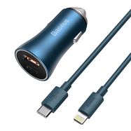 Baseus Golden Contactor Pro car charger, USB + USB-C, QC4.0+, PD, SCP, 40W (blue) + USB-C - Lightning cable 1m (blue), Baseus