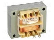 Transformer: mains; 6VA; 230VAC; 12V; 500mA; Leads: solder lugs 