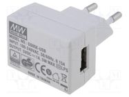 Power supply: switching; mains,plug-in; 5VDC; 1A; 5W; Plug: EU MEAN WELL