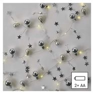 LED Christmas garland – silver spheres with stars, 1.9 m, 2x AA, indoor, warm white, timer, EMOS