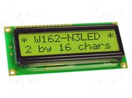 Display: LCD; alphanumeric; STN Positive; 16x2; yellow-green; LED DISPLAY VISIONS
