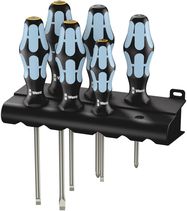 3334/3355/6 Screwdriver set, stainless and rack, 1 x PZ 1x80; 1 x PZ 2x100; 1 x 0.5x3.0x80; 1 x 0.8x4.0x100; 1 x 1.0x5.5x125; 1 x 1.2x6.5x150, Wera