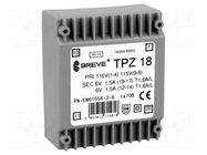 Transformer: mains; 18VA; 115VAC,230VAC; 6V; 6V; 1.5A; PCB; IP00 BREVE TUFVASSONS