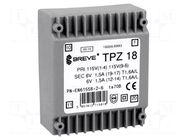 Transformer: mains; 18VA; 115VAC,230VAC; 6V; 6V; 1.5A; PCB; IP00 BREVE TUFVASSONS