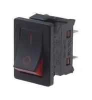 ROCKER SW, SPST, 10A/250V, BLK/RED, PANL