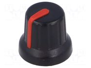 Knob; miniature,with pointer; Øshaft: 6.35mm; black; Pointer: red SR PASSIVES