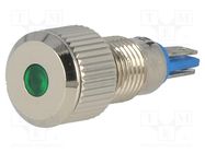 Indicator: LED; flat; green; 12VDC; Ø8mm; IP67; for soldering; brass 