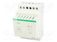 Transformer: mains; 12VA; 230VAC; 24V; 0.5A; for DIN rail mounting F&F