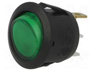 ROCKER; SPST; Pos: 2; ON-OFF; 6A/250VAC; green; neon lamp; R13; 230V BULGIN