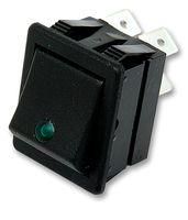 ROCKER SWITCH, DPST, ILLUM GREEN