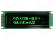 Display: OLED; alphanumeric; 16x2; Dim: 85x30x10mm; green; PIN: 14 RAYSTAR OPTRONICS