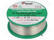 Tin; lead free; Sn99Ag0,3Cu0,7; 1mm; 100g; reel; 216÷227°C; 3% CYNEL