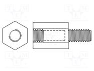 Screwed spacer sleeve; 14mm; Int.thread: M4; Ext.thread: M4; brass DREMEC