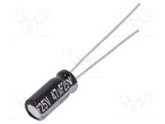 Capacitor: electrolytic; THT; 47uF; 25VDC; Ø5x11mm; Pitch: 2mm; ±20% PANASONIC