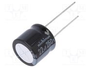 Capacitor: electrolytic; THT; 22uF; 250VDC; Ø16x15mm; Pitch: 7.5mm NICHICON