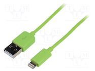 Cable; USB 2.0; Apple Lightning plug,USB A plug; 1m; green LOGILINK