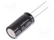 Capacitor: electrolytic; THT; 22uF; 400VDC; Ø12.5x25mm; Pitch: 5mm NICHICON