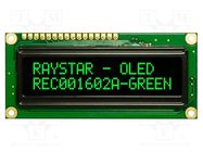 Display: OLED; alphanumeric; 16x2; Dim: 80x36x10mm; green; PIN: 16 RAYSTAR OPTRONICS