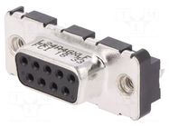 Connector: D-Sub; PIN: 9; socket; female; on PCBs,PCB snap; THT AMPHENOL COMMUNICATIONS SOLUTIONS