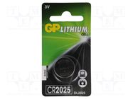 Battery: lithium; CR2025,coin; 3V; 160mAh; non-rechargeable; 1pcs. GP