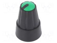Knob; miniature; plastic; Øshaft: 6mm; Ø13x19mm; black; green SR PASSIVES