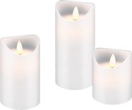 Set of 3 LED Real Wax Candles, white, 3 pc. in cardboard box - with timer function and pendant wick, battery-operated, warm white (2700 K)