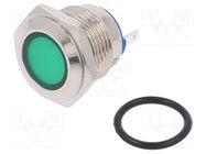 Indicator: LED; flat; green; 12VDC; 12VAC; Ø16mm; brass; Body: silver 