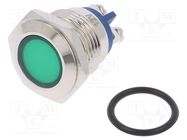 Indicator: LED; flat; green; 12VDC; 12VAC; Ø16mm; screw; brass 