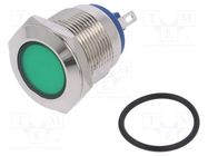 Indicator: LED; flat; green; 12VDC; 12VAC; Ø19mm; brass; Body: silver 