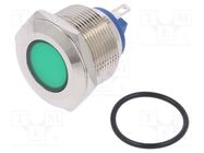 Indicator: LED; flat; green; 12VDC; 12VAC; Ø22mm; brass; Body: silver 