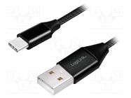 Cable; USB 2.0; USB A plug,USB C plug; 0.3m; black; PVC; textile LOGILINK