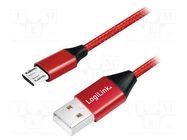 Cable; USB 2.0; USB A plug,USB B micro plug; 1m; red; PVC; textile LOGILINK