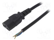 Cable; 3x0.5mm2; IEC C13 female,wires; PVC; 1.5m; black; 10A; 250V 