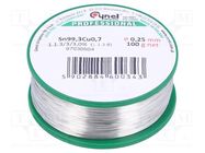 Tin; lead free; Sn99,3Cu0,7; 0.25mm; 100g; reel; 227°C; 3% CYNEL