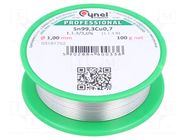 Tin; lead free; Sn99,3Cu0,7; 1mm; 100g; reel; 227°C; 3%; Flux: SW32 CYNEL