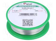 Tin; lead free; Sn99,3Cu0,7; 2mm; 100g; reel; 227°C; 3%; Flux: SW32 