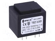 Transformer: encapsulated; 3VA; 230VAC; 12V; 250mA; PCB; IP00; TEZ BREVE TUFVASSONS