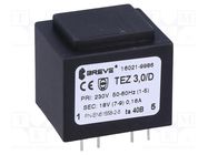 Transformer: encapsulated; 3VA; 230VAC; 18V; 167mA; PCB; IP00; TEZ BREVE TUFVASSONS