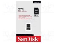 Pendrive; USB 3.2; 512GB; R: 130MB/s; ULTRA FIT; USB A SANDISK