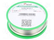 Tin; lead free; Sn99,3Cu0,7; 3mm; 100g; reel; 227°C; 3%; Flux: SW32 CYNEL