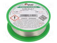 Tin; lead free; Sn99,3Cu0,7; 1mm; 100g; reel; 227°C; 2.5%; Flux: SW26 