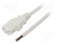 Cable; 3x0.75mm2; IEC C13 female,wires; PVC; 1.8m; white; 10A; 250V 