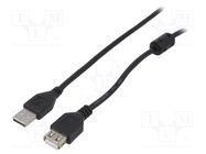 Cable; USB 2.0; USB A socket,USB A plug; gold-plated; 3m; black GEMBIRD