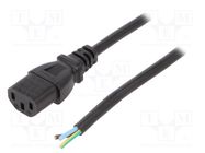 Cable; 3x0.75mm2; IEC C13 female,wires; PVC; 1m; black; 10A; 250V 