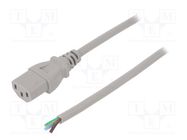 Cable; 3x0.75mm2; IEC C13 female,wires; PVC; 1.8m; grey; 10A; 250V 